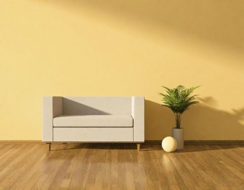 Bodenbelag Heller Raum mit einem modernen Sofa, einem Topf mit Pflanze und einem dekorativen Objekt.