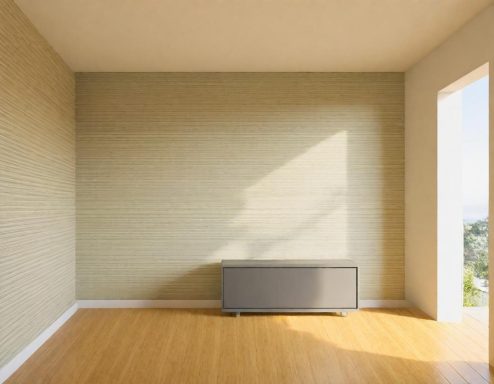 Akzentwand mit Tapete Heller Raum mit Holzfußboden, einem niedrigen Möbelstück und Fenster.